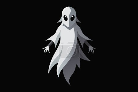 Ghost illustration with black eyes and flowing cloak isolated on a black background. Minimalist ghost character with an eerie look. Halloween design, spooky figure, haunted concept