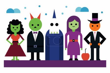 Cartoon Halloween characters including a witch, vampire, ghost, and pumpkin head. Group of spooky figures in colorful costumes. Halloween, spooky, costume, character concept. Isolated on white