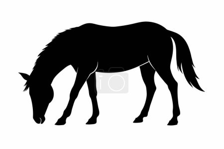 Schwarze Silhouette eines grasenden Pferdes isoliert auf weißem Hintergrund. Konzept einer wilden Tierdarstellung, minimalistischer Stil, Pferdekunst. Druck, Symbol, Logo, Vorlage, Piktogramm, Gestaltungselement.