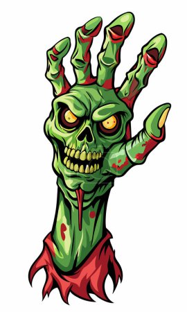 Grüne Zombie-Hand mit gruseligem Gesicht, isoliert auf weißem Hintergrund. Zombie-Handkunst. Konzept von Halloween, Horror, gruseliges Design, gruselige Illustration. Druck, Symbol, Gestaltungselement