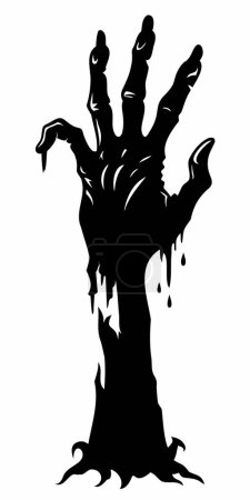 Schwarze Silhouette einer Zombie-Hand, die isoliert auf weißem Hintergrund aus dem Boden ragt. Unheimliche Zombie-Handskizze. Konzept des Grauens, Halloween, gruseliges Design. Druck, Symbol, Gestaltungselement