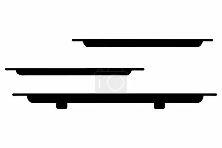 Schwarze, schwebende Regale isoliert auf weißem Hintergrund. Minimalistisches Regal mit schlichtem Design. Konzept der Wohnkultur, Organisation, Lagerung, Möbel, Innenarchitektur. Grafik