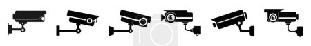 Set of black silhouettes of security cameras, isolated on a white background. Simple graphic design of surveillance equipment. Suitable for prints, logos, signs, and design elements
