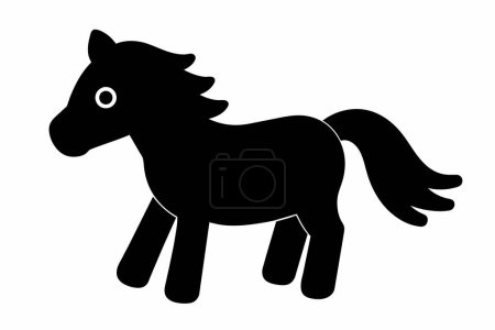 Schwarze Silhouette eines Spielzeugpferdes isoliert auf weißem Hintergrund. Konzept der Fohlen, wilde Tier-Illustration, Cartoon-Stil, niedliches Pony. Druck, Symbol, Logo, Vorlage, Piktogramm, Gestaltungselement
