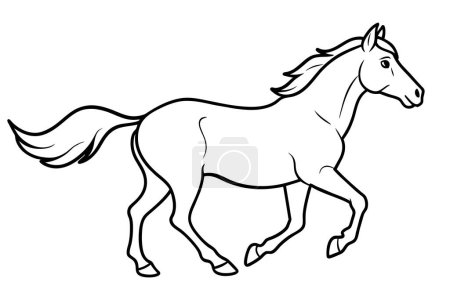 Schwarz-weiße Umrisse illustrieren ein laufendes Pferd isoliert auf weißem Hintergrund. Konzept der wilden Tierdarstellung, minimalistischer Stil. Druck, Symbol, Logo, Gestaltungselement..