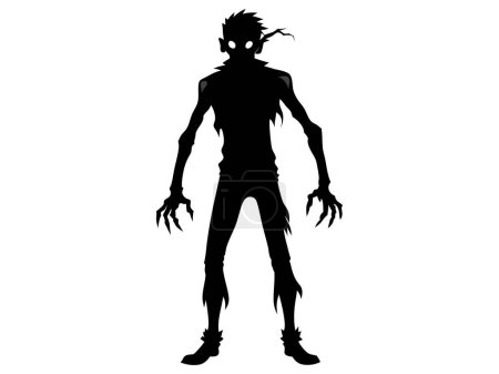 Silueta negra de la aterradora criatura zombie de dibujos animados aislada sobre un fondo blanco. Concepto de monstruos muertos vivientes, ilustración de horror, personaje de Halloween, elemento de diseño espeluznante. Impresión, arte