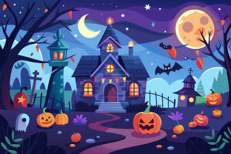 Illustration for Haunted house with jack-o-lanterns under a full moon in a spooky graveyard. Concept of Halloween, holiday celebration, spooky night, eerie scene, festive decoration. Print, art. Postcard. - Royalty Free Image
