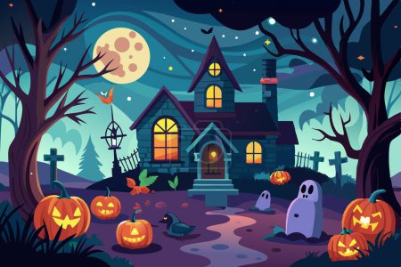 Illustration for Haunted house with jack-o-lanterns under a full moon in a spooky graveyard. Concept of Halloween, holiday celebration, spooky night, eerie scene, festive decoration. Print, art. Postcard. - Royalty Free Image