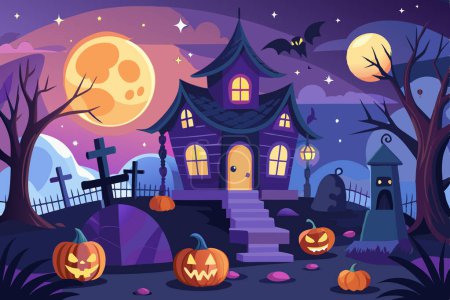 Illustration for Spooky haunted house under full moon with pumpkins and graveyard. Concept of Halloween, horror, night scene, eerie landscape. Print, illustration, design. - Royalty Free Image
