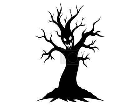 Silhouette noire d'un arbre effrayant au visage sinistre et aux racines effrayantes isolées sur un fond blanc. Concept d'Halloween, arbre hanté, horreur, forêt hantée, nature maléfique. Impression, art, illustration.