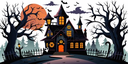Illustration for Halloween haunted house silhouette on white background. Concept of spooky illustration, festive decor, horror theme, minimalist style. Print, design, art. - Royalty Free Image