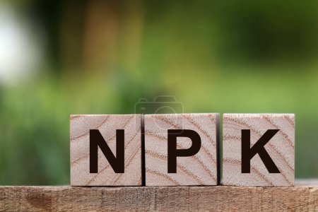 NPK-Brief auf Holzblock, Pflanzendünger. Kombination von Stickstoff, Phosphor, Kalium. Hintergrund verschwimmen lassen.