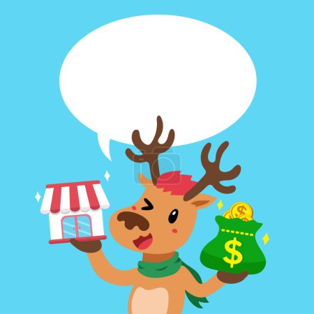Photo for Cartoon happy christmas reindeer carrying franchise business store and money bag with speech bubble for design. - Royalty Free Image
