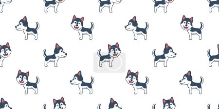 Téléchargez les illustrations : Dessin animé vectoriel chien husky sibérien fond de motif sans couture pour la conception. - en licence libre de droit