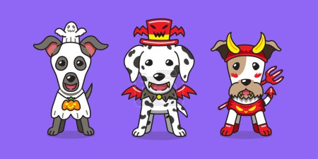 Téléchargez les illustrations : Vector dessin animé chiens mignons avec costumes d'Halloween pour la conception. - en licence libre de droit