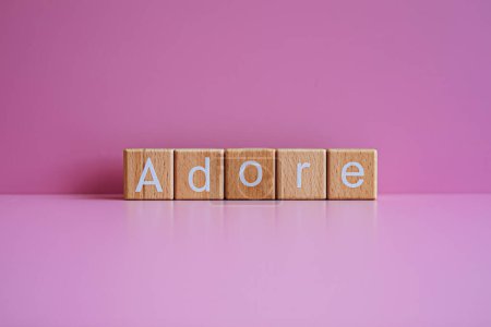 Wooden blocks form the text "Adore" against a pink background.