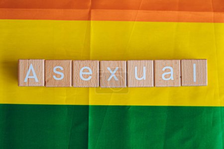 Wooden blocks form the text "Asexual" against a rainbow background.