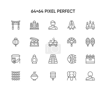 Téléchargez les illustrations : Définir l'icône des lignes plates simples liées à cambodia. Angkor wat, temple, moine, boulettes, pousse-pousse, poterie, éventail, lanternes, riz, feux d'artifice. - en licence libre de droit