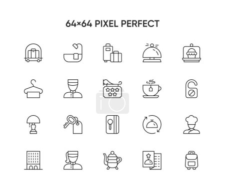 Ilustración de Servicio de hotel, conjunto de iconos de hotel de línea delgada simple, diseño de iconos de motel vectorial - Imagen libre de derechos