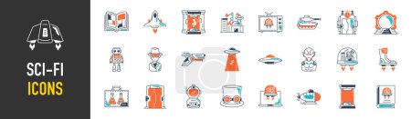 Illustration for Set of science fiction or sci-fi Icons. Vector icon illustration - Royalty Free Image