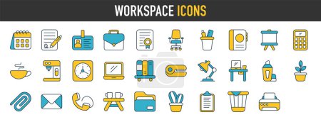Icônes de l'espace de travail définies. Icônes de bureau et d'espace de travail définies. Cheveux, café, temps, gestionnaire, espace de travail, ordinateur, bureau. Illustration de collection d'icônes vectorielles.