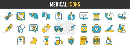 Illustration for Medicine icon. Health icons for web and mobile app.  Emergency, medical equipment, nurse, pills, clinic, RX, MRI, doctor, lab, virus, prescription vector sign - Royalty Free Image