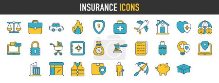 Photo for Insurance icon set. Containing healthcare medical, life, car, house, care, travel insurance icons. Solid icons vector illustration. - Royalty Free Image
