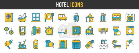 Photo for Hotel icons set. Set of apartment reservation, hotel booking, rent hostel room, airport, room area, flat rent, five-star hotel, service vector web icon - Royalty Free Image