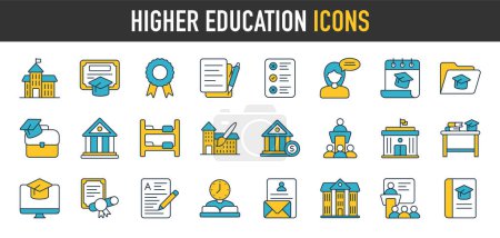 Conjunto de iconos de educación superior. Iconos universitarios colección editable. Incluye E-Learning, Universidad, Profesor, Audio Libro, Graduación y Más. Ilustración vectorial.