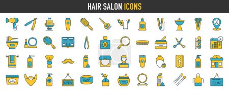 Illustration for Hair salon icons. Such as barber, cut, dryer, cream, chair, scissor, comb, razor, hair dye icon set vector illustration. - Royalty Free Image