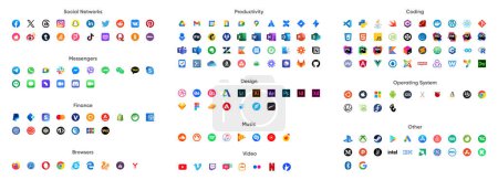 Illustration for Big Icons Collection. Social Media, Messengers, Finance, Browsers, Productivity, Design, Music, Video, Coding, Operating System Vector Icons set. - Royalty Free Image