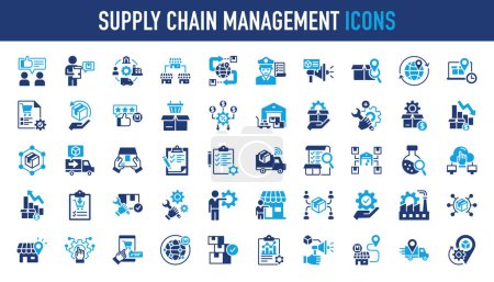 Set von Symbolen im Zusammenhang mit Supply Chain Management, Wertschöpfungskette, Logistik, Lieferung, Fertigung, Handel. Symbolsammlung. Vektorillustration. 