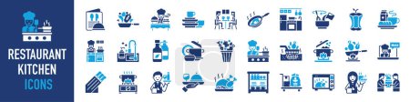 Photo for Restaurant kitchen icon set. Such as dispenser, salt and pepper, cooking , grill, food menu, cookware, healthy food, sink, frying pan, knife, waitress, catering, dinner table icons vector illustration - Royalty Free Image