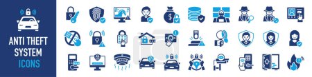 Photo for Anti theft system icons set. Such as hack, terrorist, password, detective, security room, malware, intercom, identity protection, alarm, lock, emergence, footsteps, cloud, cyber and more vector icon - Royalty Free Image