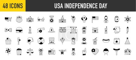 Feierlichkeiten zum Unabhängigkeitstag der USA. Wie vereinigte Staaten von Amerika Flagge, Drachen, Kanon, weißes Haus, Kuchen, Kalender, Freiheit, Hotdog, Burger, Eis, Abzeichen, Medaille und mehr Symbol.
