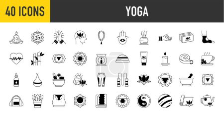 Illustration for Yoga and meditation practice vector icons set. Such as relaxation, inner peace, self-knowledge, inner concentration, spiritual practice and more icon illustration. - Royalty Free Image