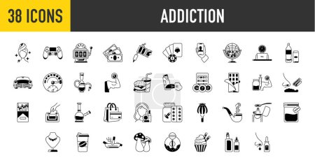Set of addiction icons. continuing education and ethics icon for web app. Include casino, alcohol, beauty, game, tattoo, food, money, gym and more icons. Vector illustration.