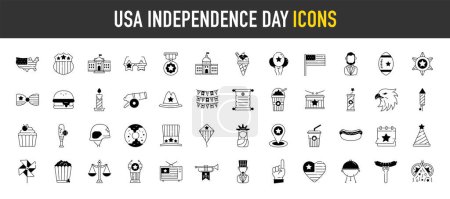 Feierlichkeiten zum Unabhängigkeitstag der USA. Wie vereinigte Staaten von Amerika Flagge, Drachen, Kanon, weißes Haus, Kuchen, Kalender, Freiheit, Hotdog, Burger, Eis, Abzeichen, Medaille und mehr Symbol.