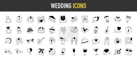 Wedding icon set. Such as ring, gift, gender sign, cake, shoes, glass, wine, couple, perfume, love, chat, romance, dinner and more icons. Premium style vector illustration.