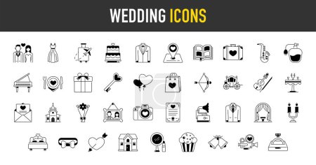 Wedding icon set. Such as ring, gift, gender sign, cake, shoes, glass, wine, couple, perfume, love, chat, romance, dinner and more icons. Premium style vector illustration.