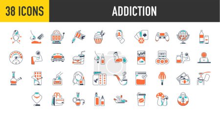 Set of addiction icons. continuing education and ethics icon for web app. Include casino, alcohol, beauty, game, tattoo, food, money, gym and more icons. Vector illustration.