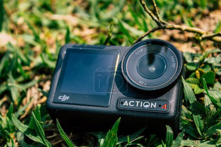 Photo for Cundinamarca, Colombia - January 24 2023: GoPro dji osmo action 4 action camera in a forest with plants and grass ready to record a video. Action Camera in Extreme Conditions - Royalty Free Image