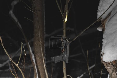 Photo for G19 pistol with a flashlight and sight on a tree in winter. High quality photo - Royalty Free Image