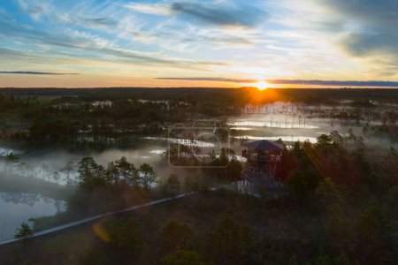 Téléchargez les photos : Beautiful sunrise on the Viru swamp in summer, photo from a drone. High quality photo - en image libre de droit