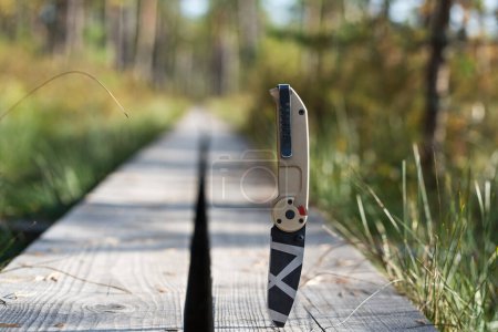 Téléchargez les photos : A camouflage-colored folding knife is stuck into a wooden road outdoors in the forest. Outdoor survival gear. High quality photo - en image libre de droit
