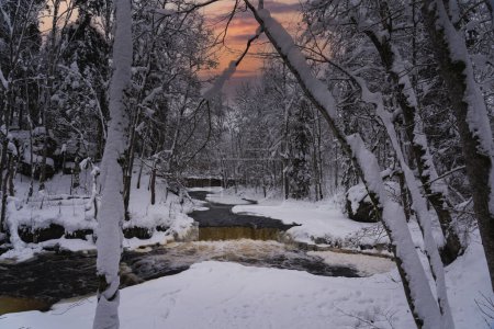 Winter nature landscape of Estonia. Forest river with a small waterfall. High quality photo