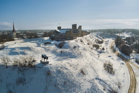 Ruins of the old Rakvere castle in winter day, photo from a drone. 