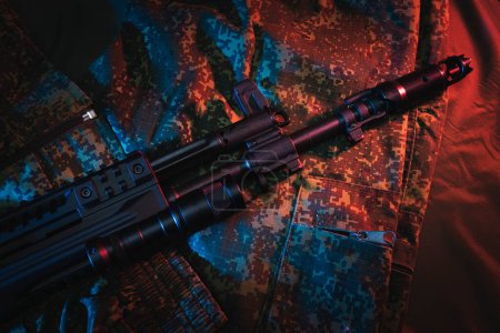 Firearm tactical weapon, barrel and fore-end with tactical flashlight, AK12 rifle. 
