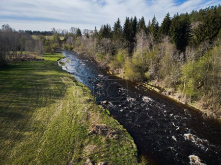 Nature of Estonia. The Pirita River flows through the forest in spring, drone photo. 