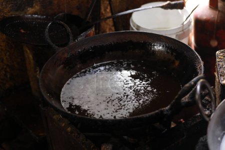 Photo for Frying kachori in a Frying Pan at a street food stall , oily food - Royalty Free Image